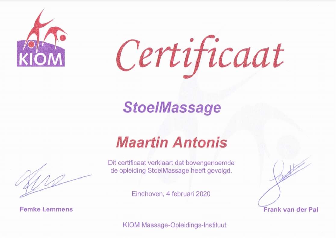 Certificaat StoelMassage van KIOM Massage-Opleidings-Instituut