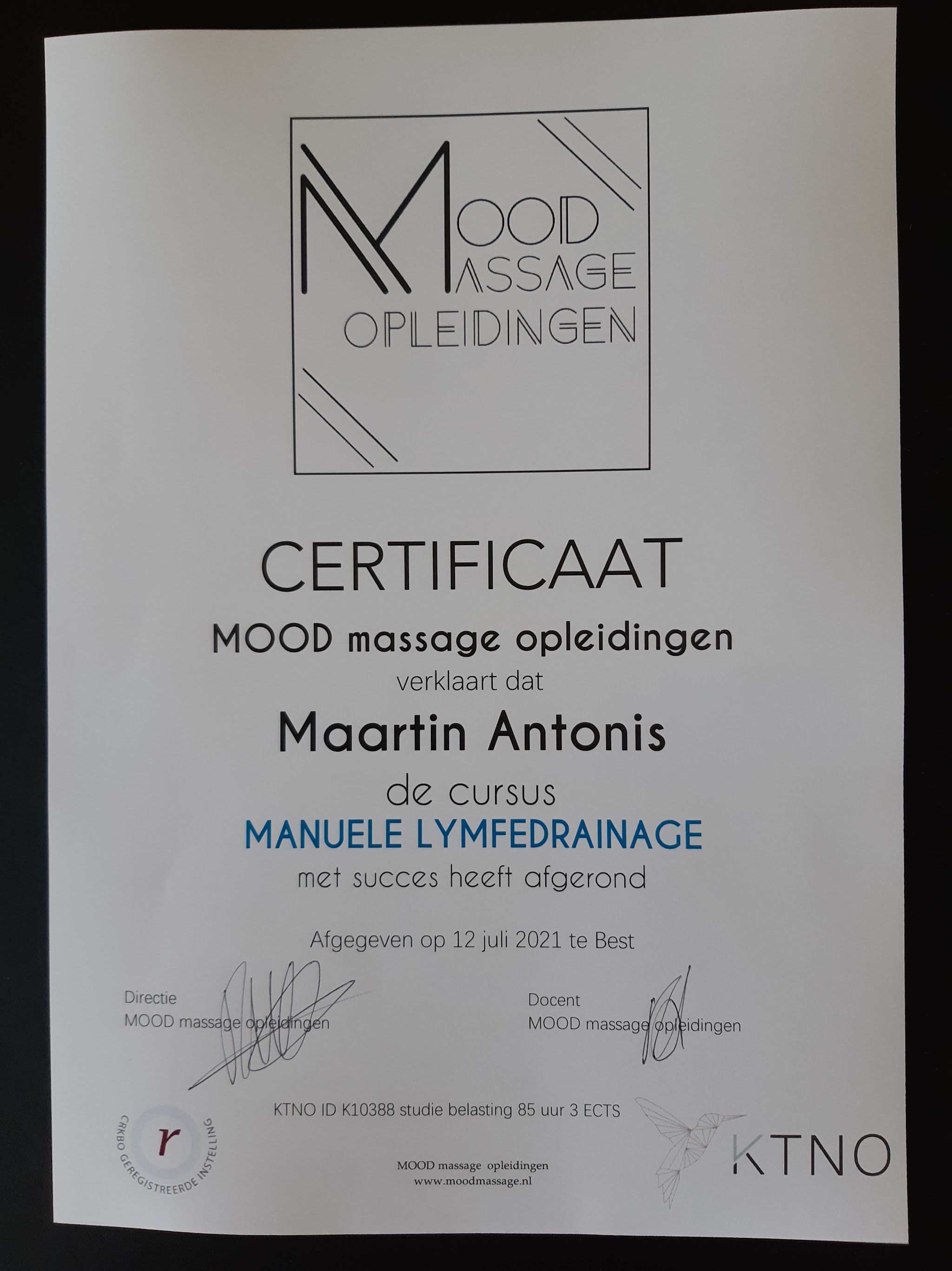 Certificaat Manuele Lymfedrainage van MOOD massage opleidingen